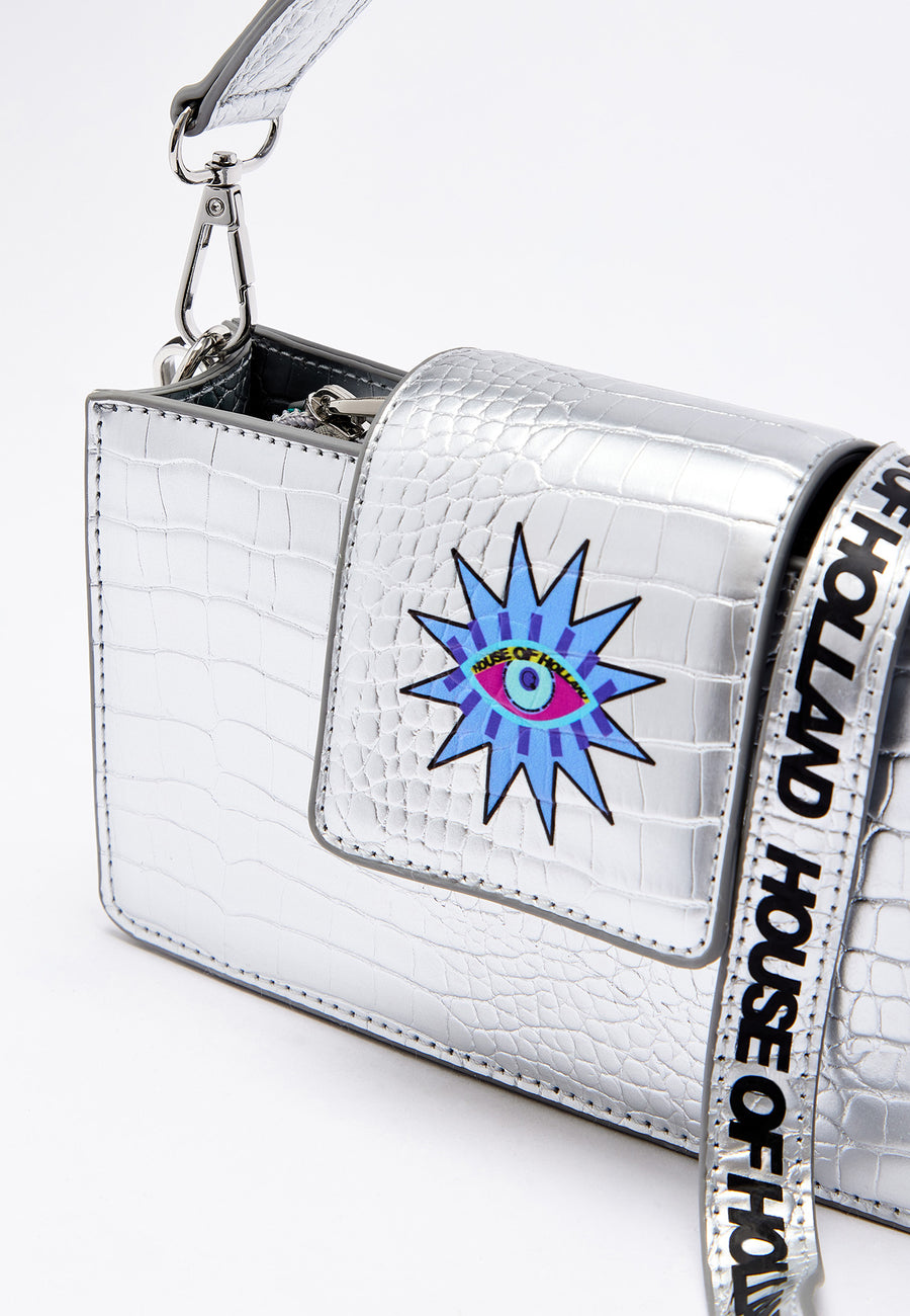 House of Holland Small Crossbody Bag in Silver with Printed Logo