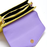 House Of Holland Cross Body Bag In Purple And Yellow With A Chain Detail Strap And Printed Logo