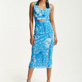 House Of Holland Denim Print Midi Dress With Cut Out Detail