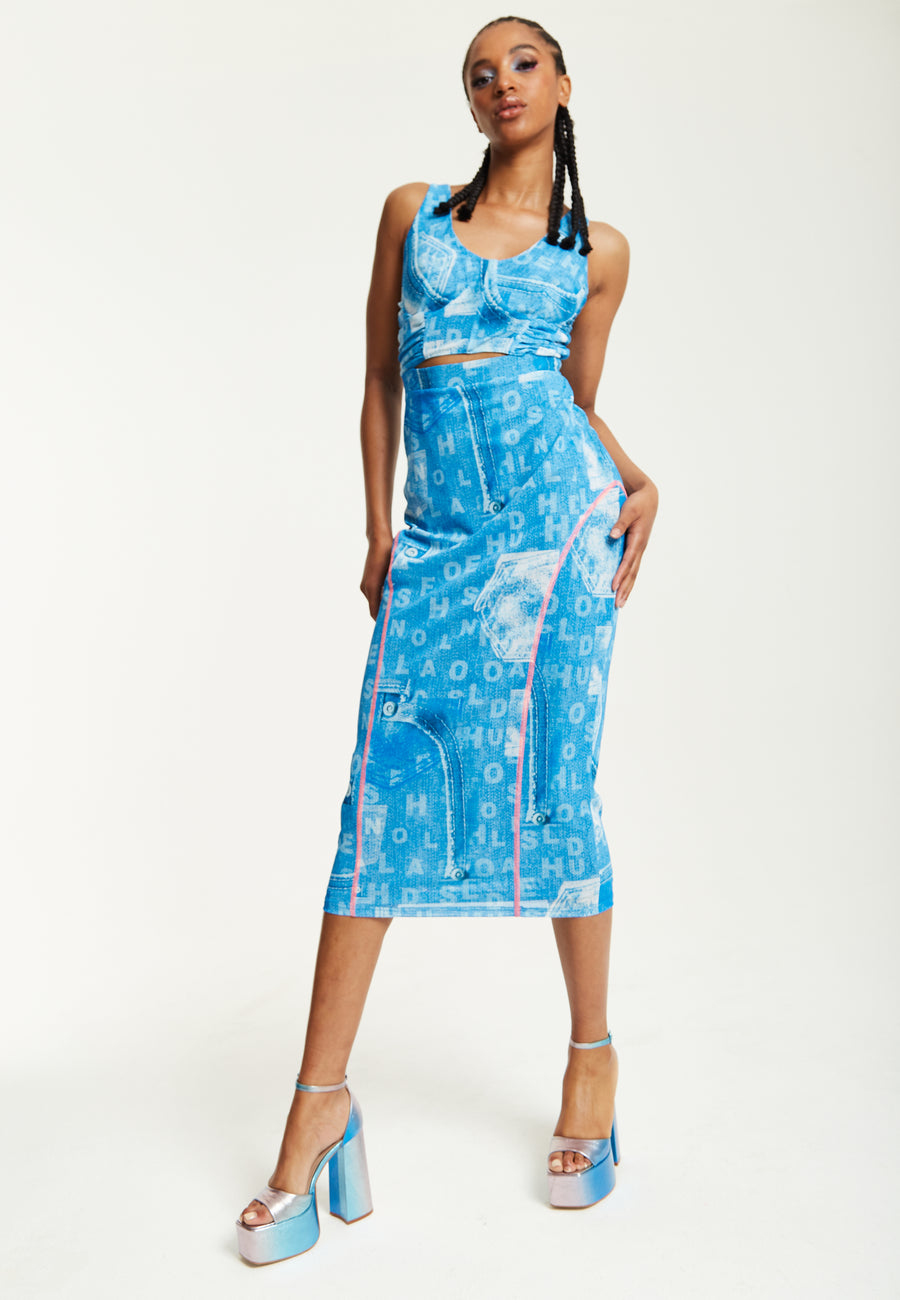 House Of Holland Denim Print Midi Dress With Cut Out Detail