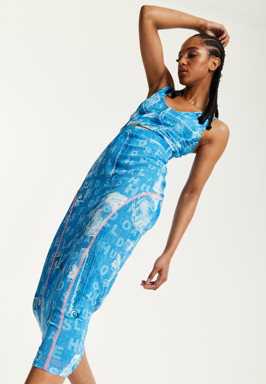 House Of Holland Denim Print Midi Dress With Cut Out Detail