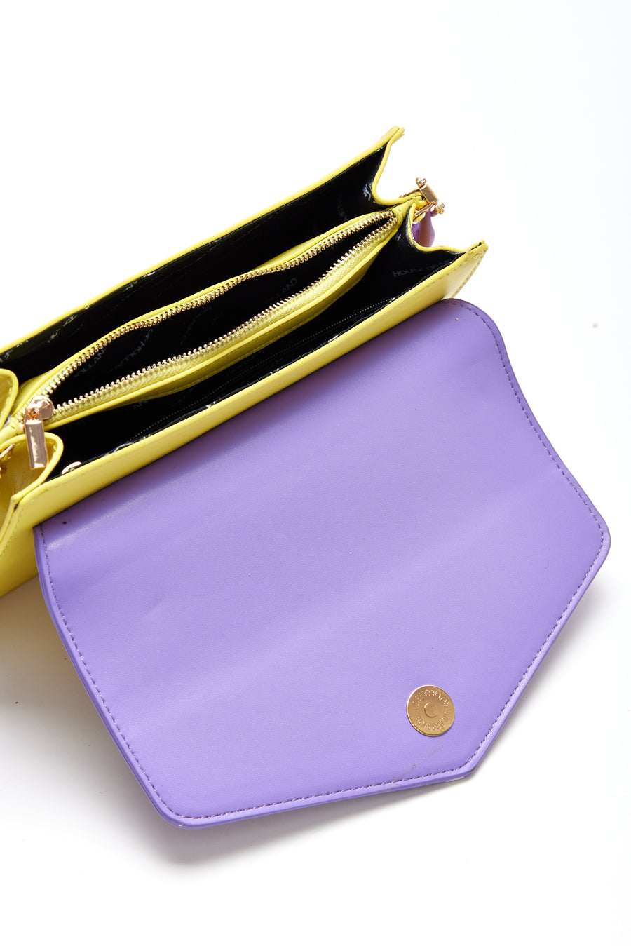House Of Holland Cross Body Bag In Purple And Yellow With A Chain Detail Strap And Printed Logo