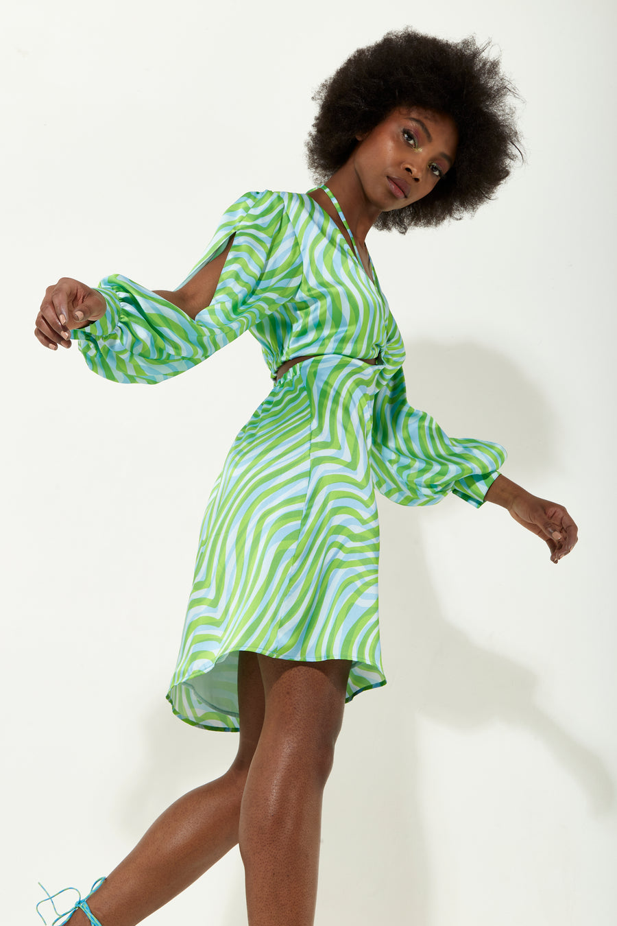 House Of Holland Green Zebra Print Mini Dress With Sleeve Slits And A Waist Cut Out