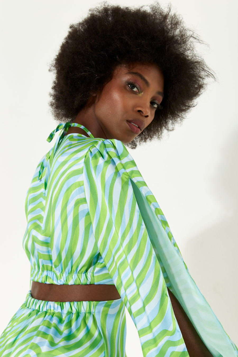 House Of Holland Green Zebra Print Mini Dress With Sleeve Slits And A Waist Cut Out