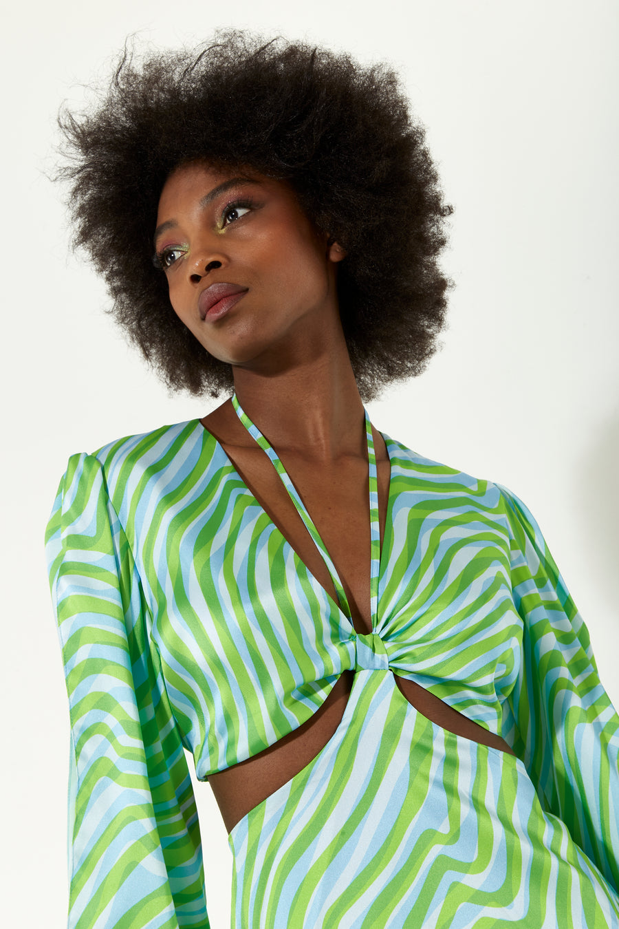 House Of Holland Green Zebra Print Mini Dress With Sleeve Slits And A Waist Cut Out
