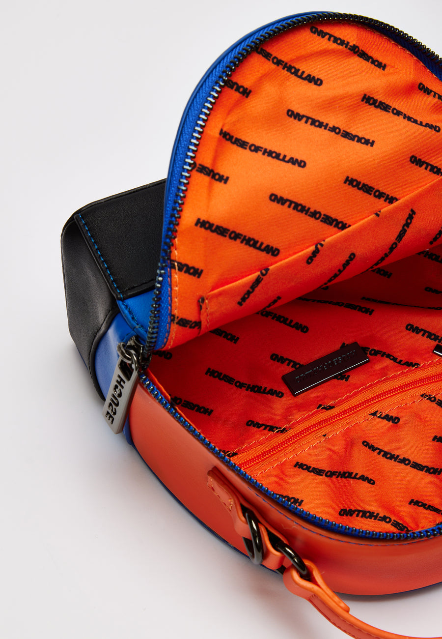 House Of Holland Cross Body Bag In Royal Blue, Orange And Black With Printed Logo