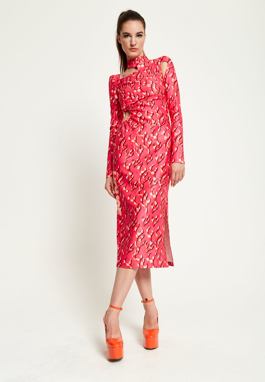 House Of Holland Pink Flame Clashing Colours Midi Dress With Cut Out Details