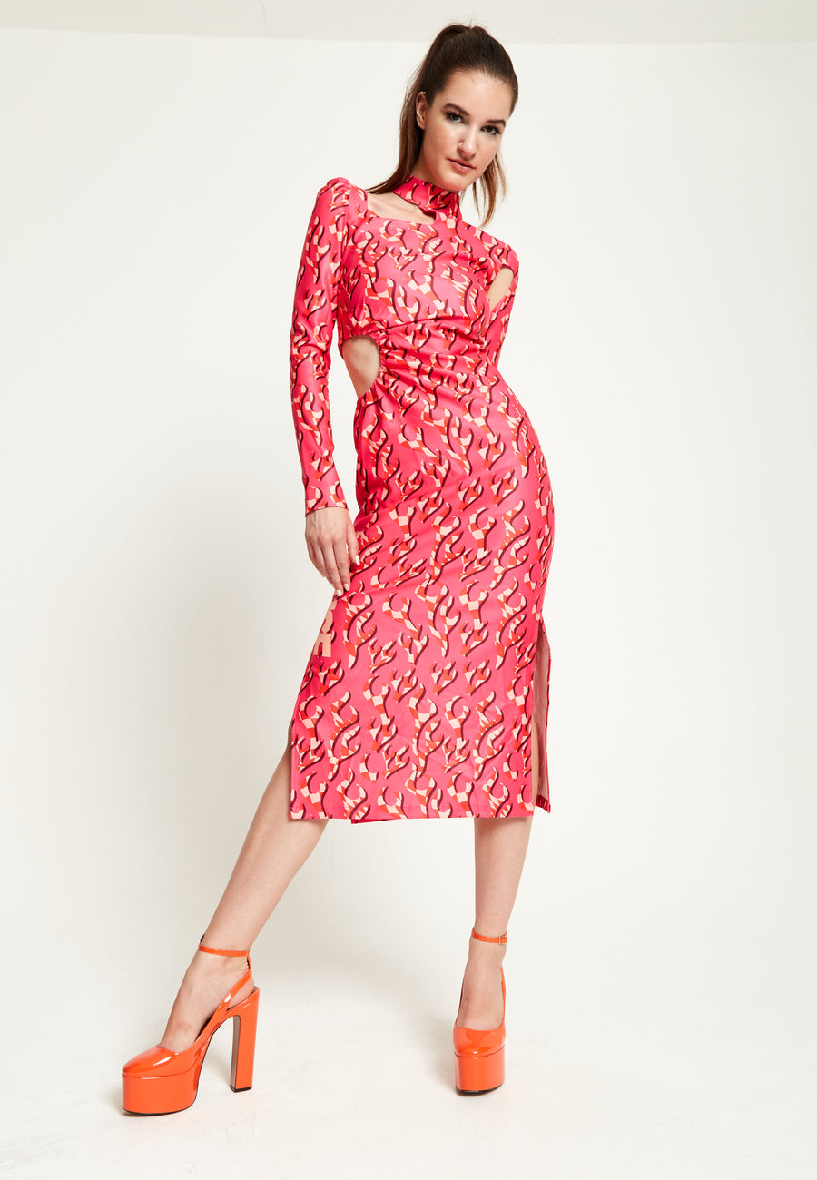 House Of Holland Pink Flame Clashing Colours Midi Dress With Cut Out Details