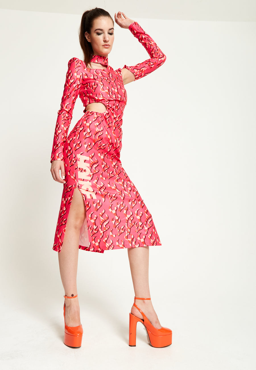 House Of Holland Pink Flame Clashing Colours Midi Dress With Cut Out Details