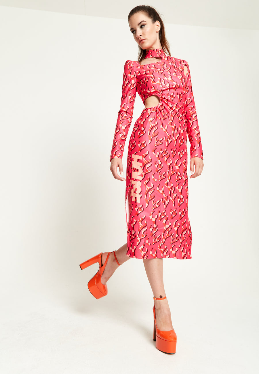 House Of Holland Pink Flame Clashing Colours Midi Dress With Cut Out Details