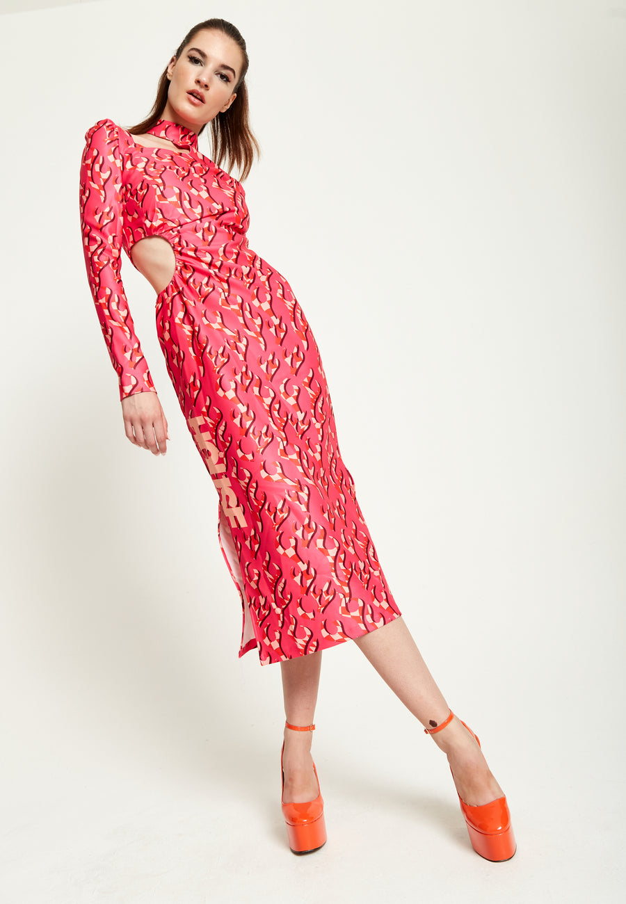 House Of Holland Pink Flame Clashing Colours Midi Dress With Cut Out Details
