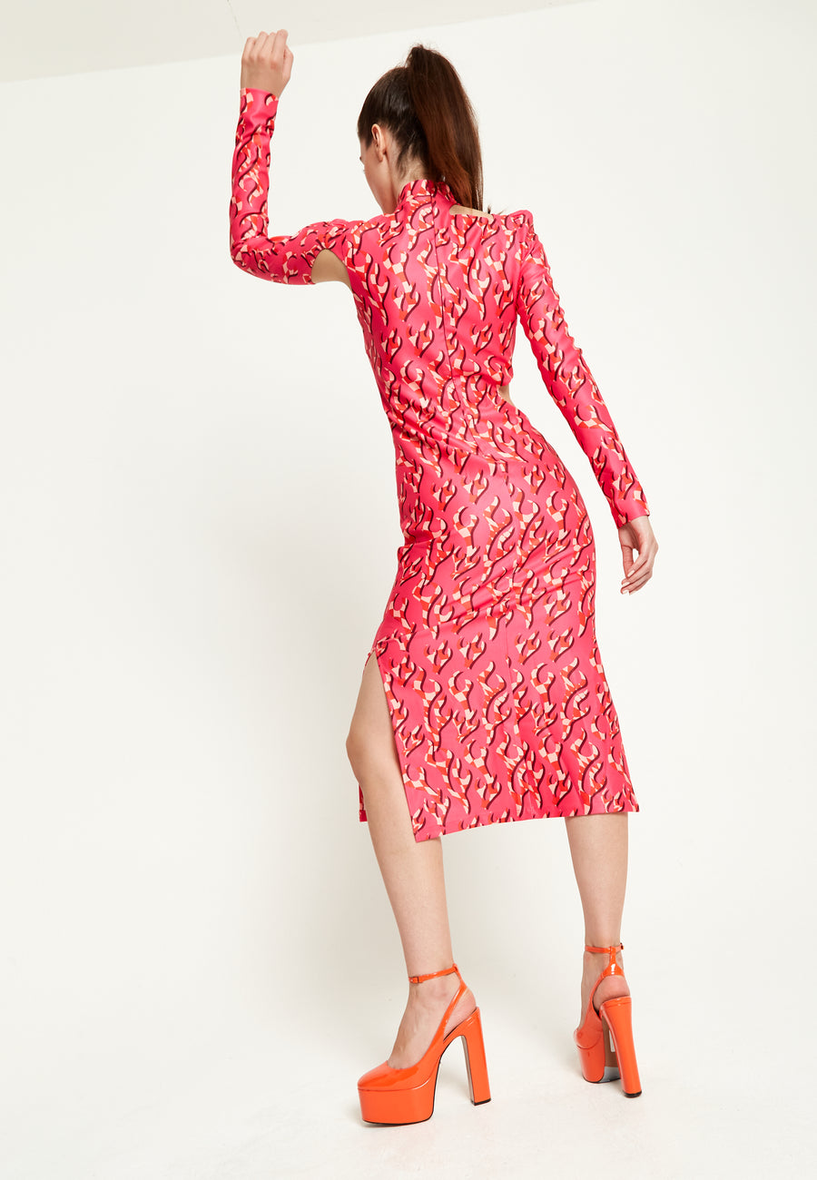 House Of Holland Pink Flame Clashing Colours Midi Dress With Cut Out Details