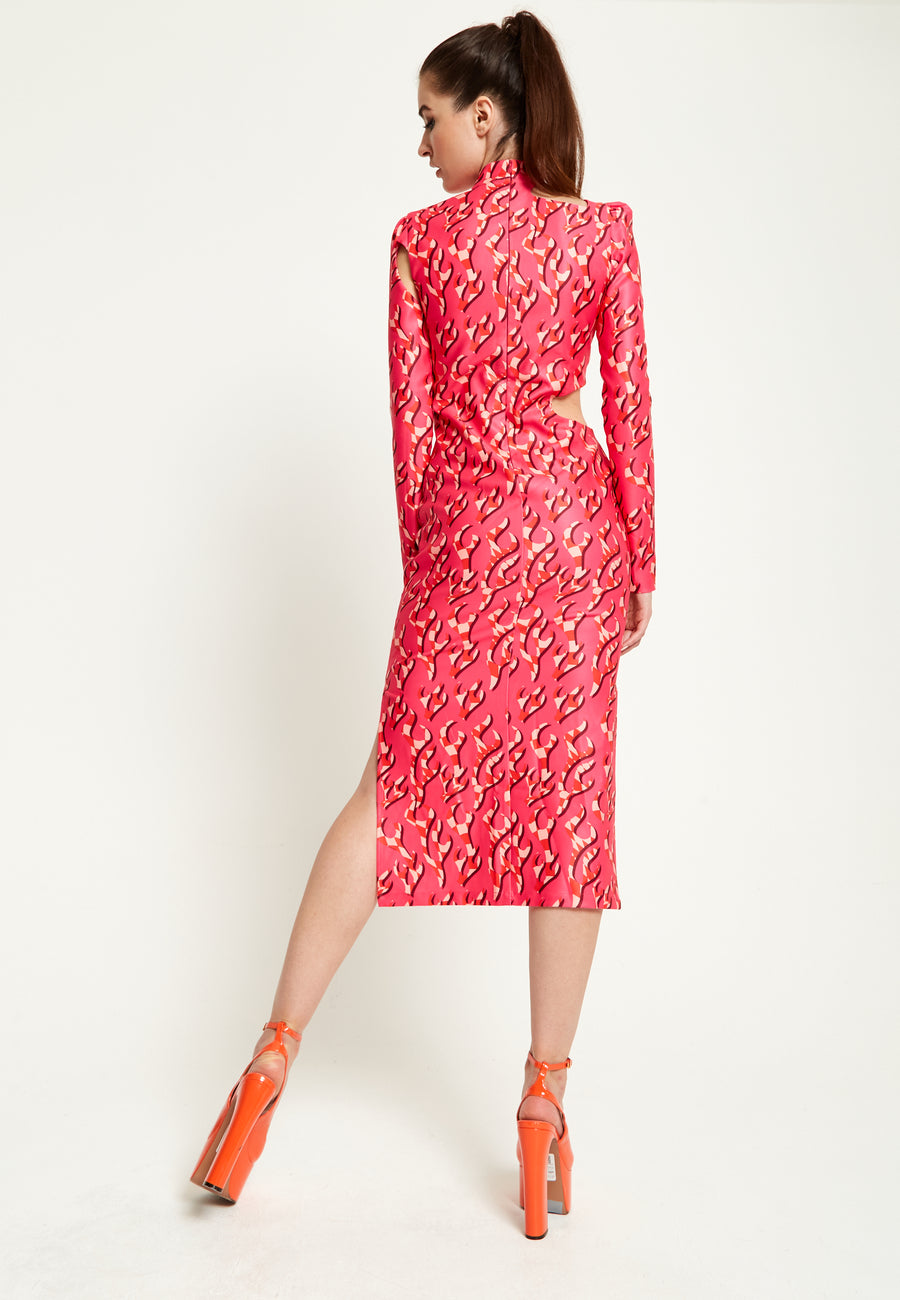 House Of Holland Pink Flame Clashing Colours Midi Dress With Cut Out Details