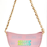 House Of Holland Shoulder Bag In Baby Pink With A Gold Chain Strap And Printed Logo