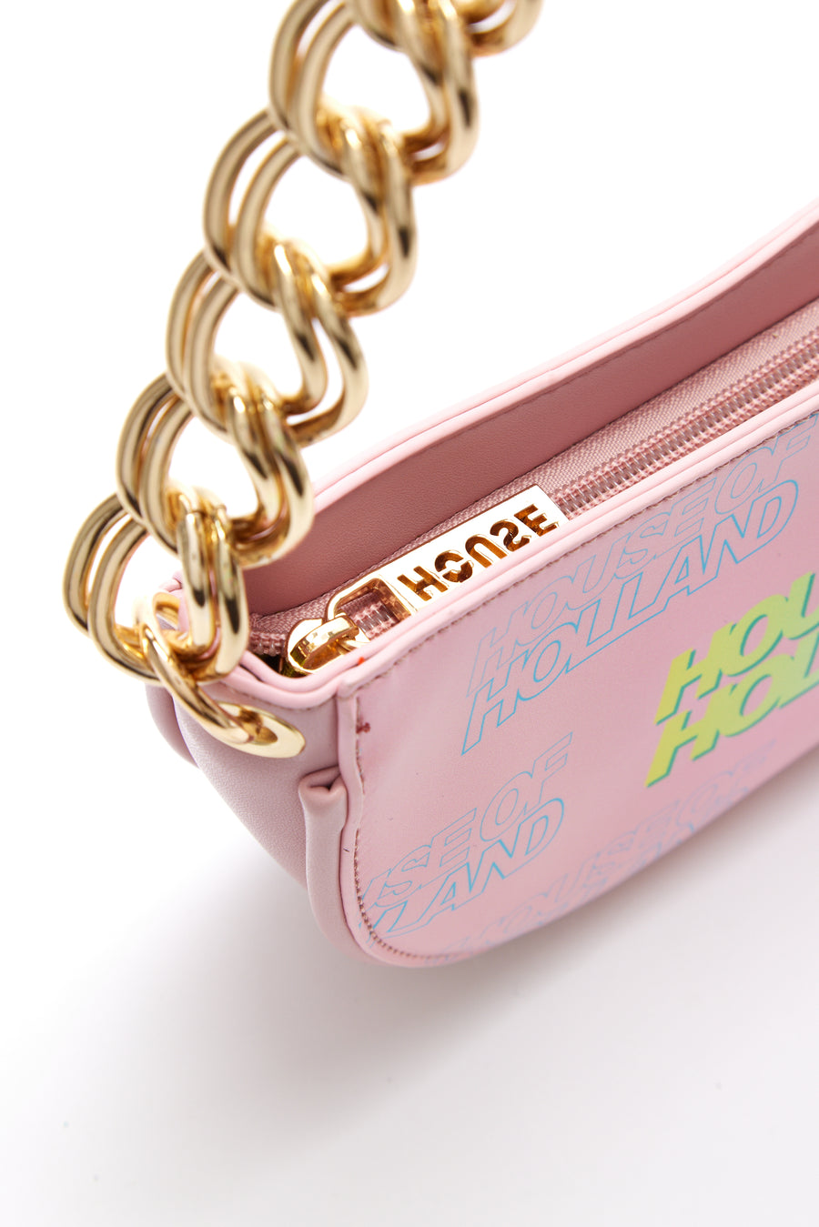 House Of Holland Shoulder Bag In Baby Pink With A Gold Chain Strap And Printed Logo