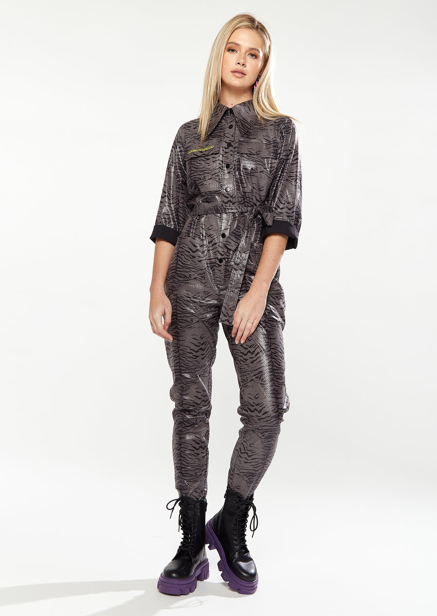 HOUSE OF HOLLAND JUMPSUIT IN GREY WET LOOK ZEBRA STRIPE
