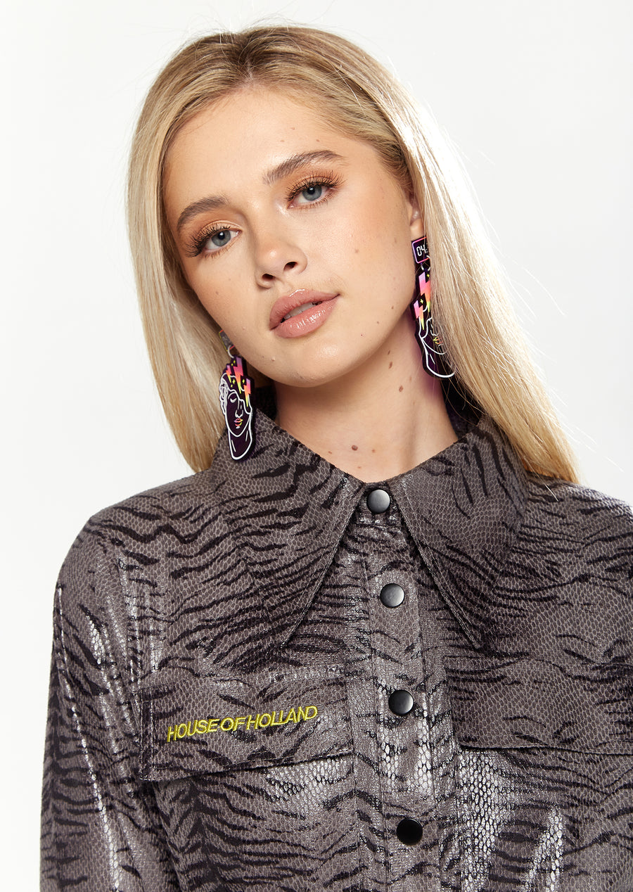 HOUSE OF HOLLAND JUMPSUIT IN GREY WET LOOK ZEBRA STRIPE