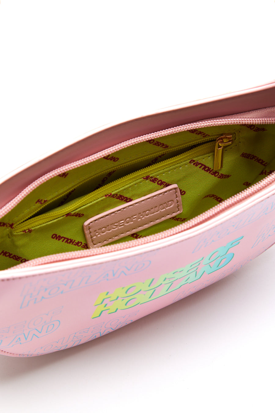 House Of Holland Shoulder Bag In Baby Pink With A Gold Chain Strap And Printed Logo