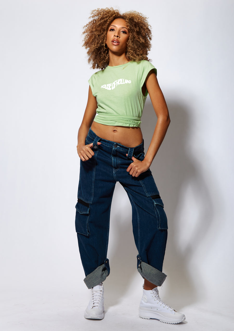 House of Holland Logo Tie Detail Crop Top In Wasabi Green