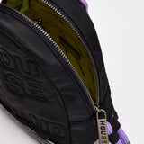 House Of Holland Cross Body Bag With Quilted Logo In Black And Purple And Rope Strap Detail