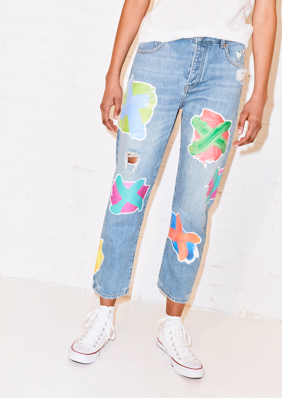 Cross Transfer Print Boyfriend Jean