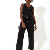 House of Holland Black 90’s Look Denim Jumpsuit With A Belt And Tortoise Shell Buttons