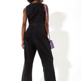 House of Holland Black 90’s Look Denim Jumpsuit With A Belt And Tortoise Shell Buttons