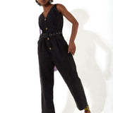 House of Holland Black 90’s Look Denim Jumpsuit With A Belt And Tortoise Shell Buttons