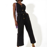 House of Holland Black 90’s Look Denim Jumpsuit With A Belt And Tortoise Shell Buttons