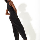 House of Holland Black 90’s Look Denim Jumpsuit With A Belt And Tortoise Shell Buttons