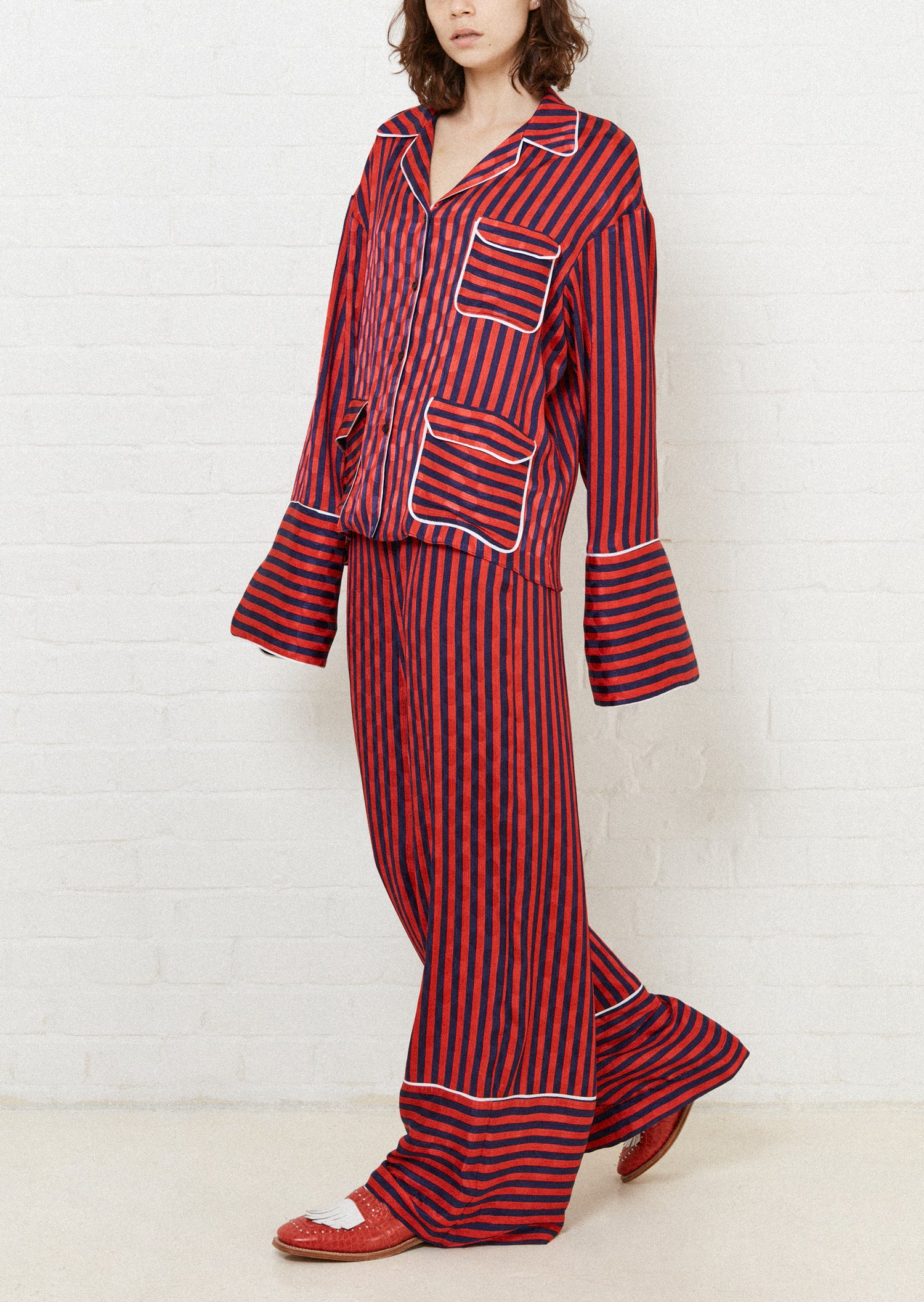 Red and Navy Stripped Pyjama Style Shirt by House of Holland