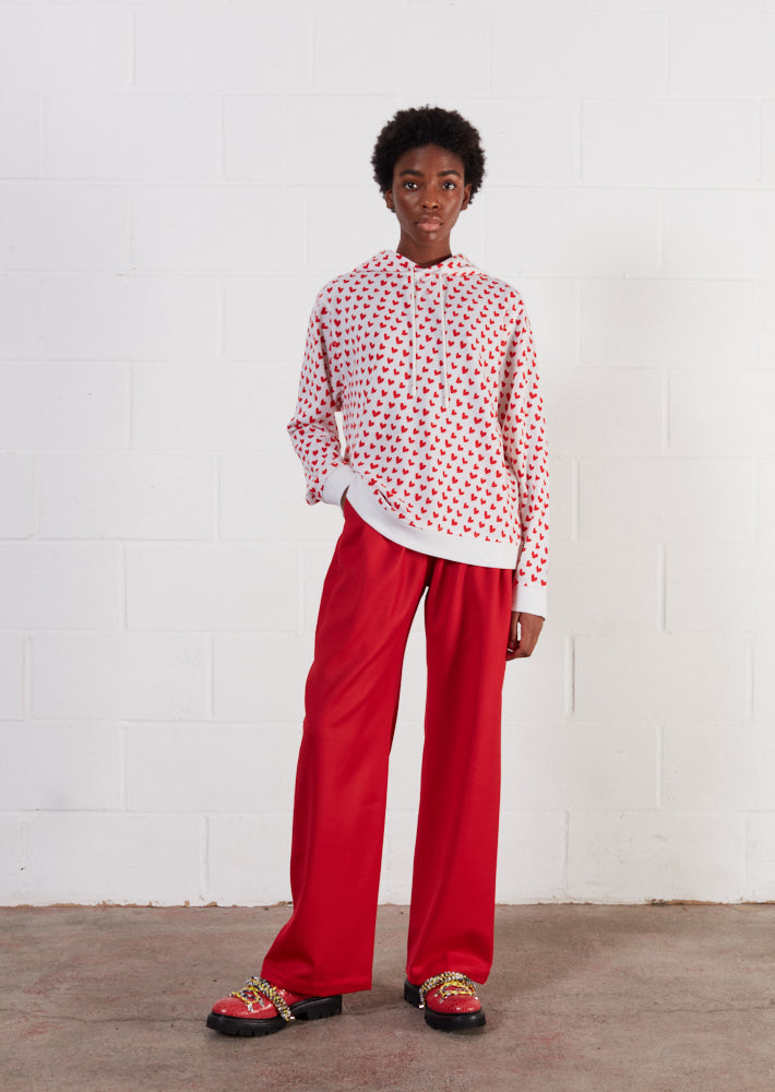 Merino Wool Red And White Heart Print Hoodie