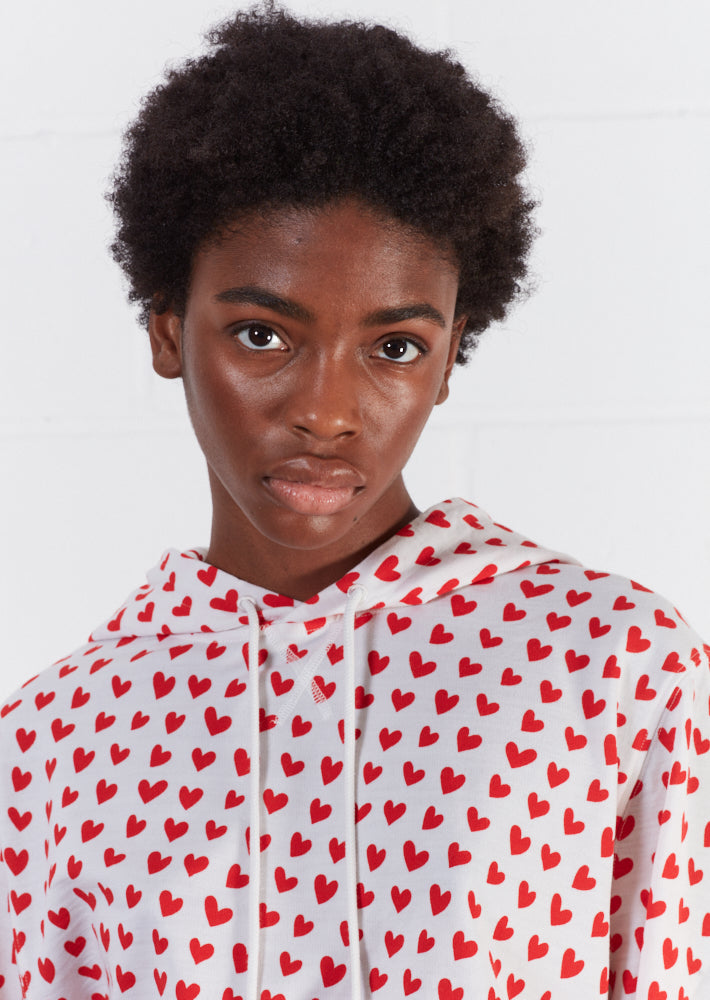 Merino Wool Red And White Heart Print Hoodie