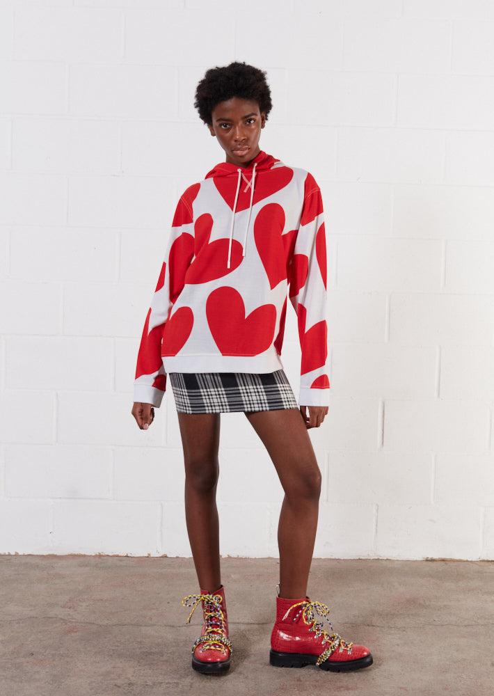 Merino Wool Red And White Large Heart Print Hoodie