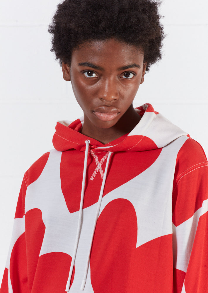Merino Wool Red And White Large Heart Print Hoodie