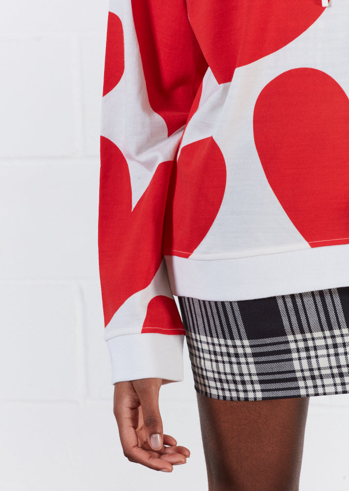 Merino Wool Red And White Large Heart Print Hoodie