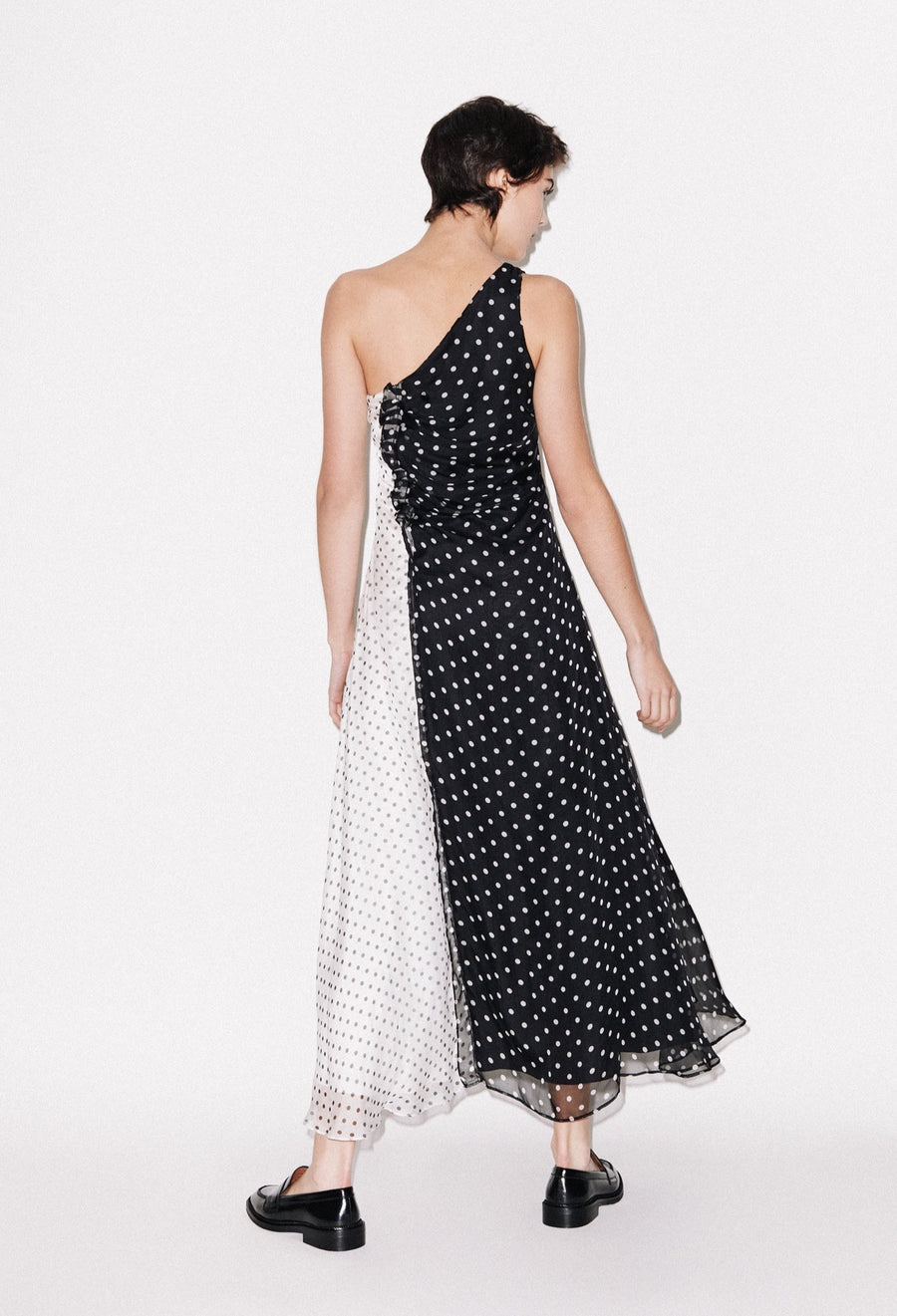 One Shoulder Polka Gathered Dress