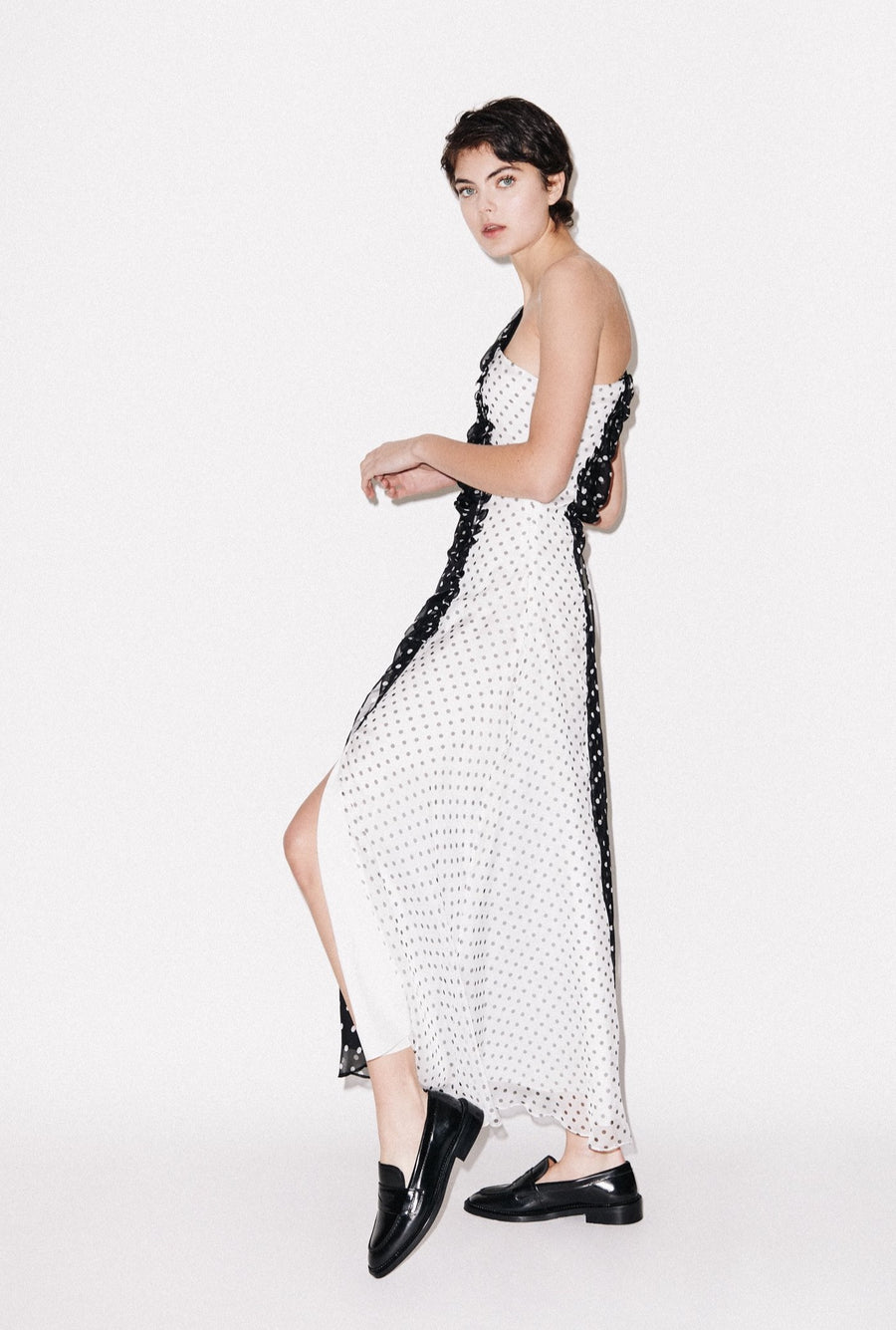 One Shoulder Polka Gathered Dress