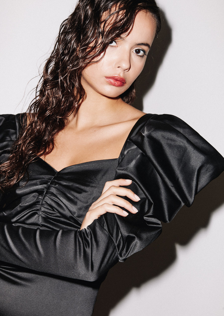 Volume Sleeve Satin Mini Dress