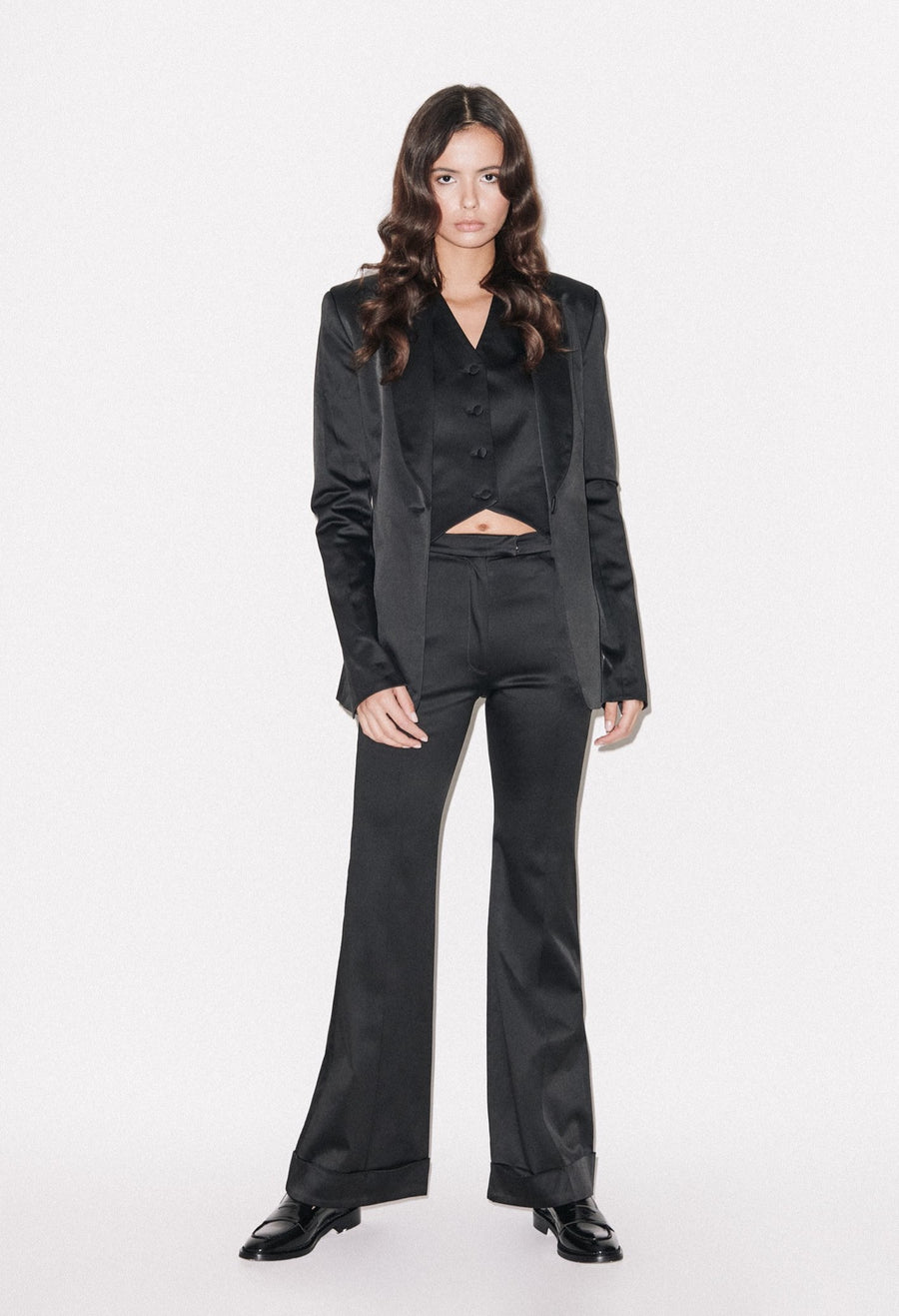 Black Satin Tailored Flared Trouser