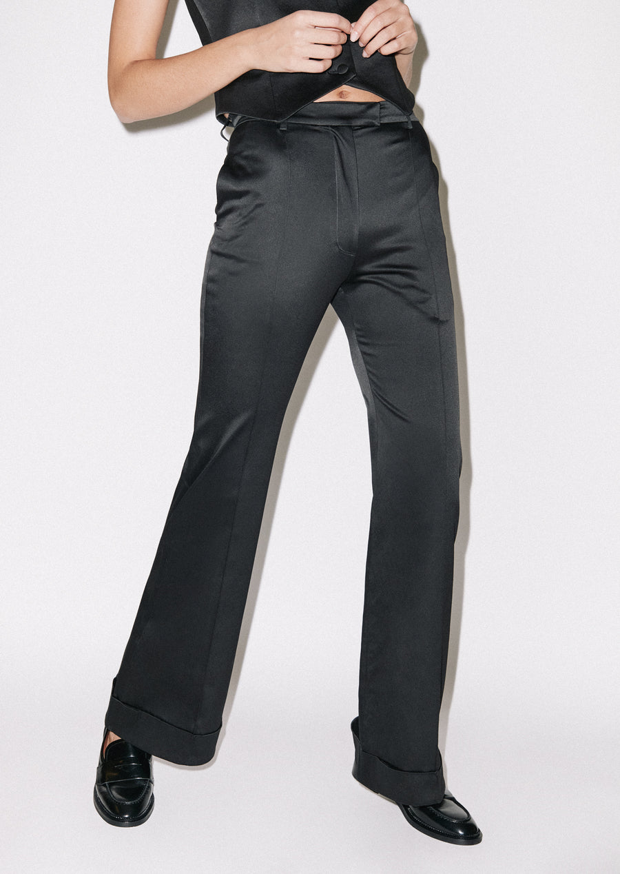 Black Satin Tailored Flared Trouser
