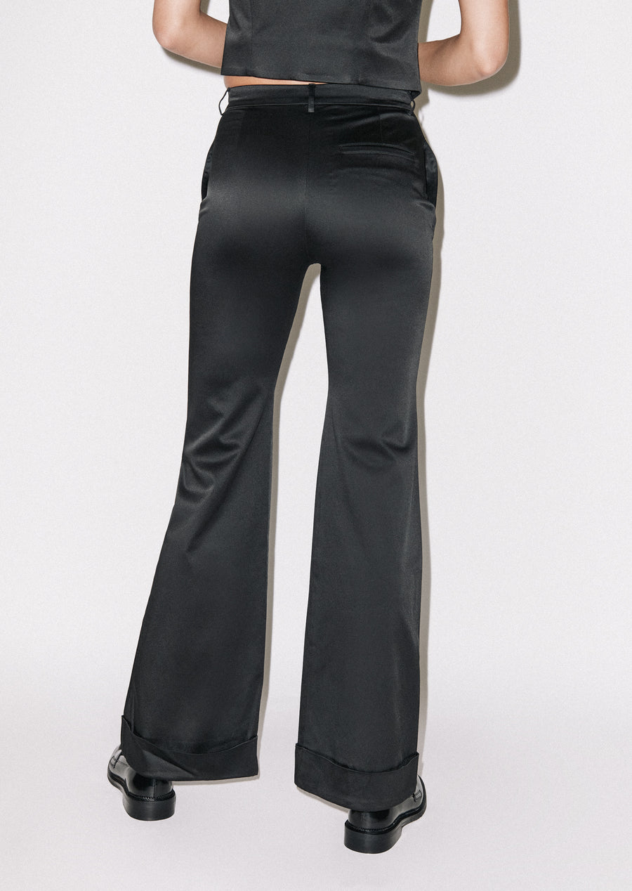 Black Satin Tailored Flared Trouser