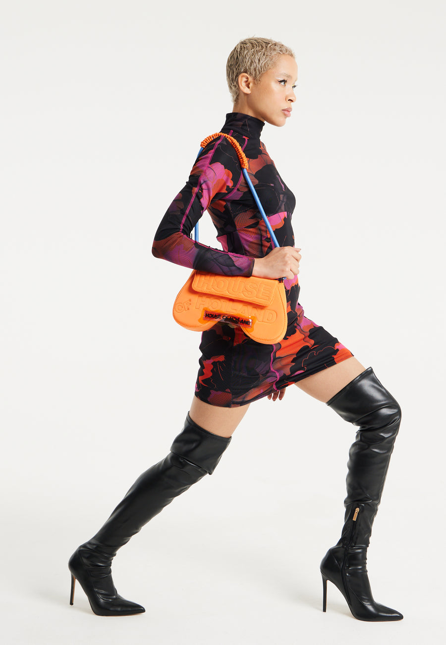 House Of Holland Saddle Bag In Orange And Blue With Quilted Logo