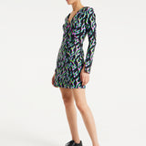 House Of Holland Neon Green And Pink Flame Print Long Sleeve Mini Dress