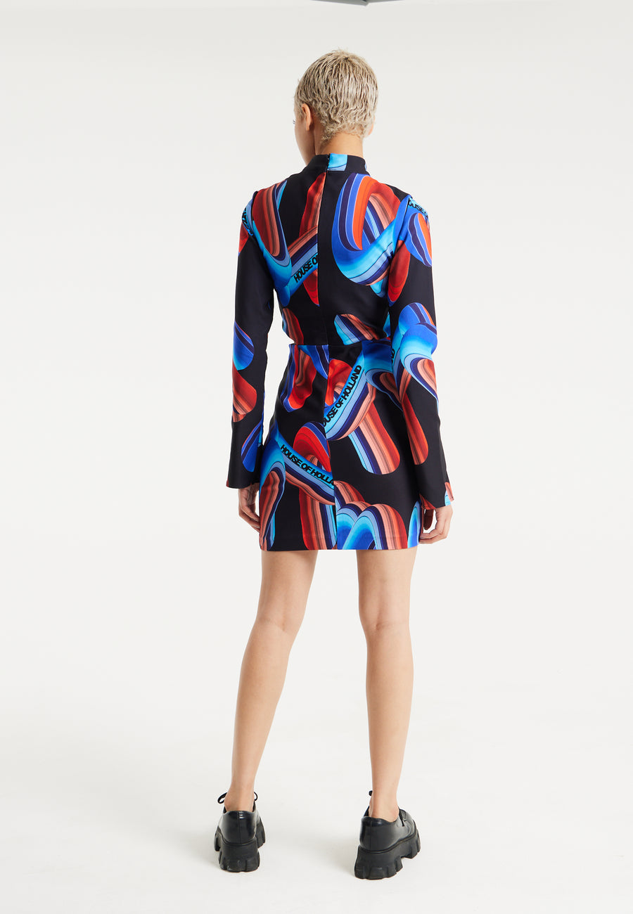 House Of Holland Abstract Print Mini Dress With Cut Out Details And Sleeve Slit