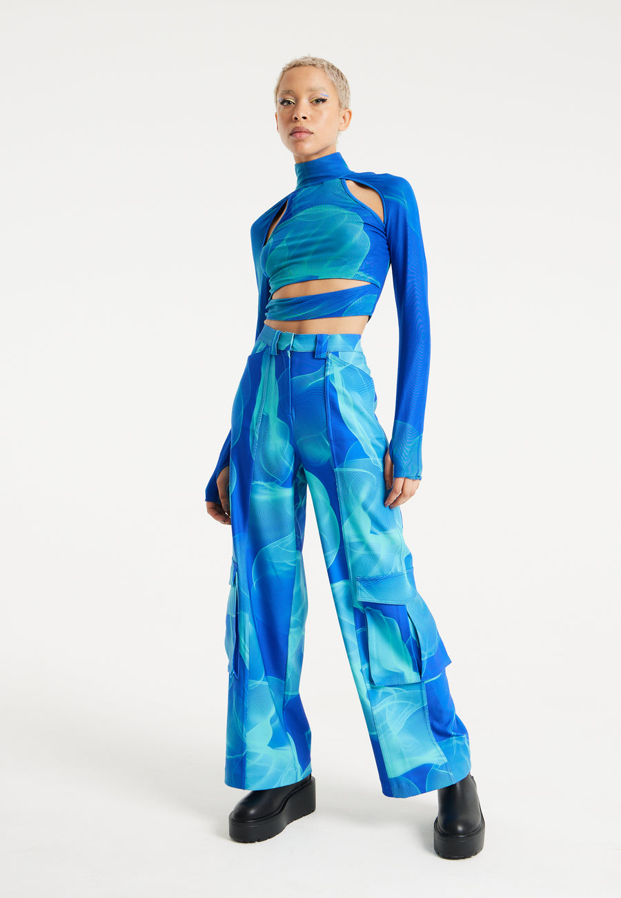 House Of Holland Royal Blue Aqua Mesh Abstract Wire Print Cargo Pants With Side Pockets