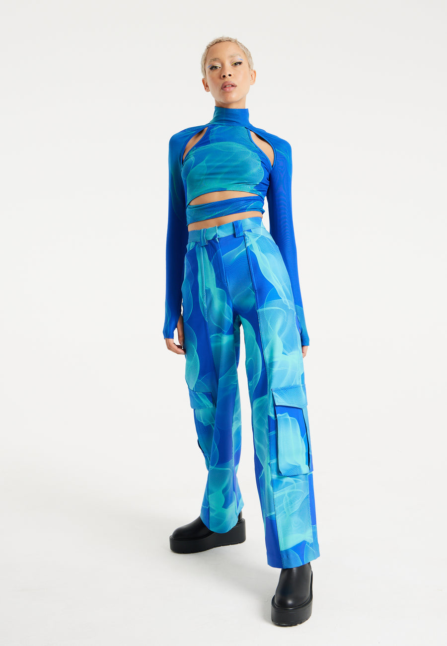 House Of Holland Royal Blue Aqua Mesh Abstract Wire Print Cargo Pants With Side Pockets