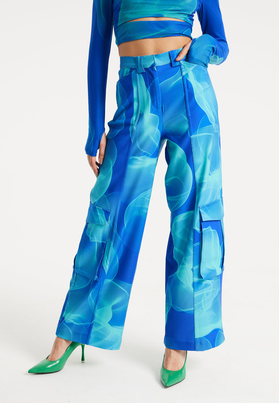 House Of Holland Royal Blue Aqua Mesh Abstract Wire Print Cargo Pants With Side Pockets
