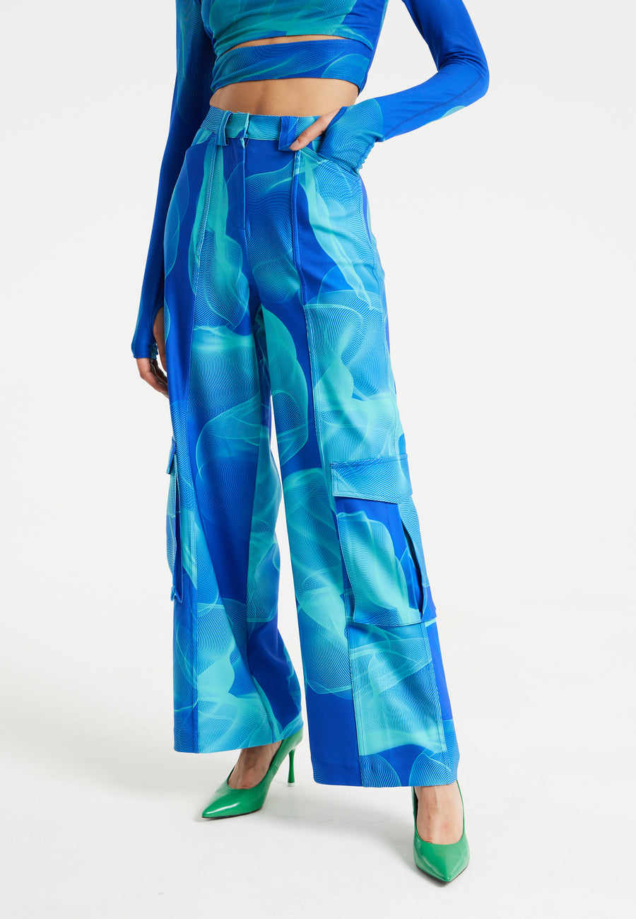 House Of Holland Royal Blue Aqua Mesh Abstract Wire Print Cargo Pants With Side Pockets