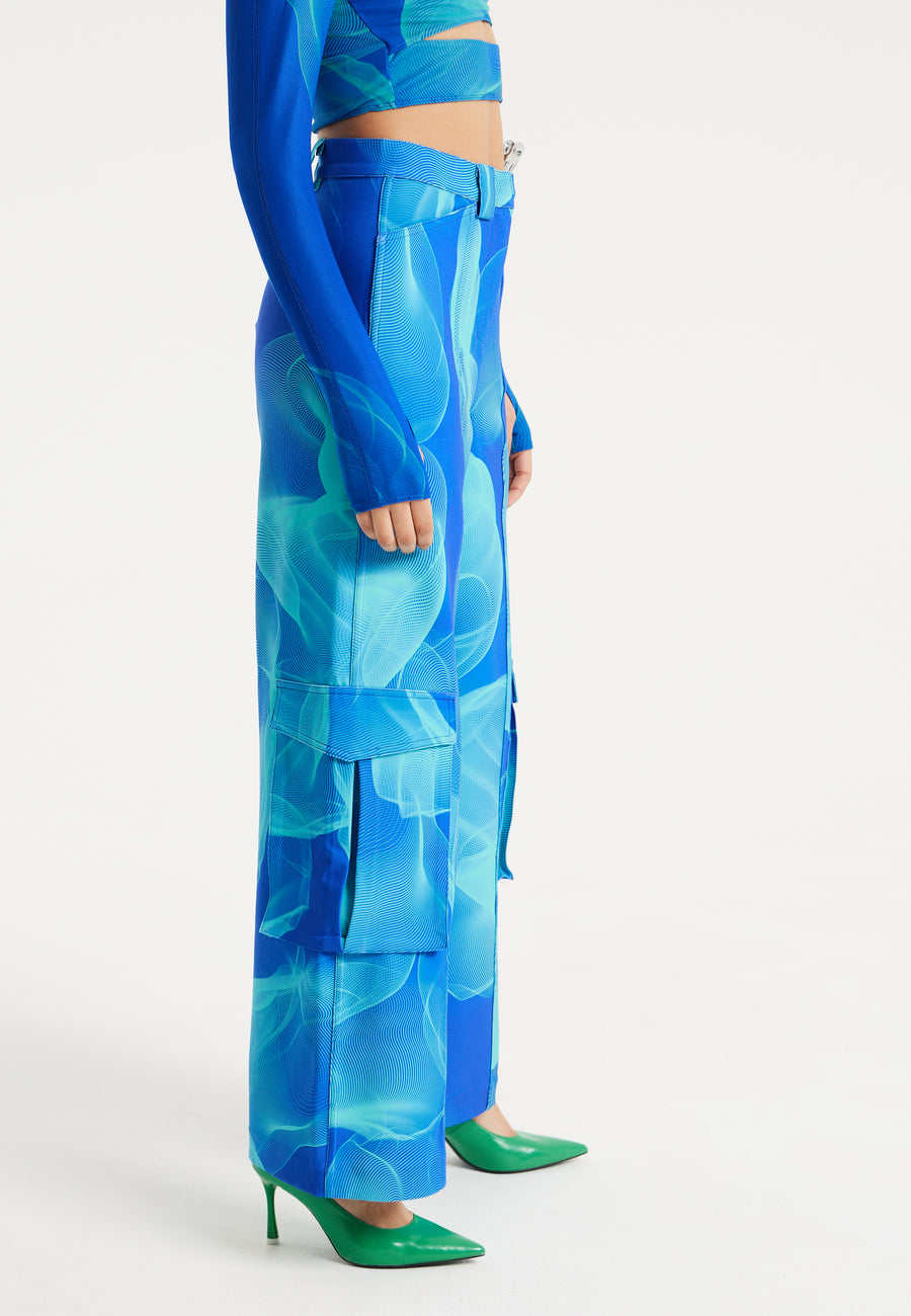 House Of Holland Royal Blue Aqua Mesh Abstract Wire Print Cargo Pants With Side Pockets
